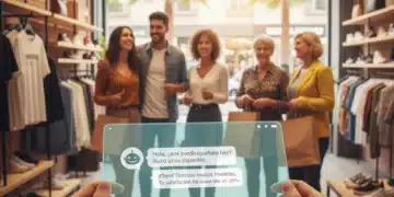 Cliente interactuando felizmente con un chatbot de IA en una tienda española, mejorando la satisfacción.