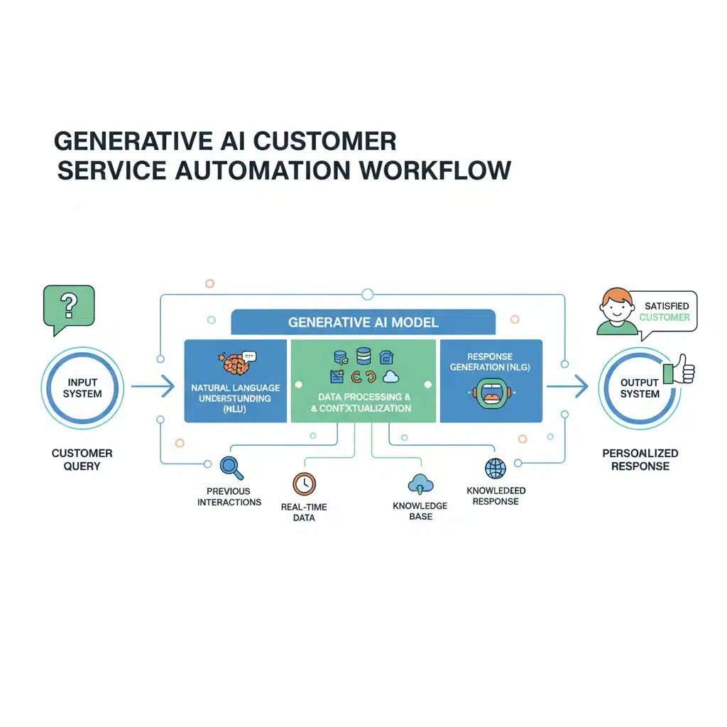 Diagrama de flujo de IA generativa automatizando el servicio al cliente y sus beneficios.