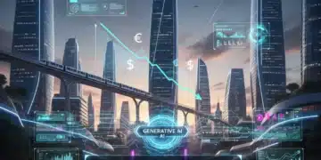 Paisaje urbano español futurista con elementos de IA generativa optimizando costes empresariales.