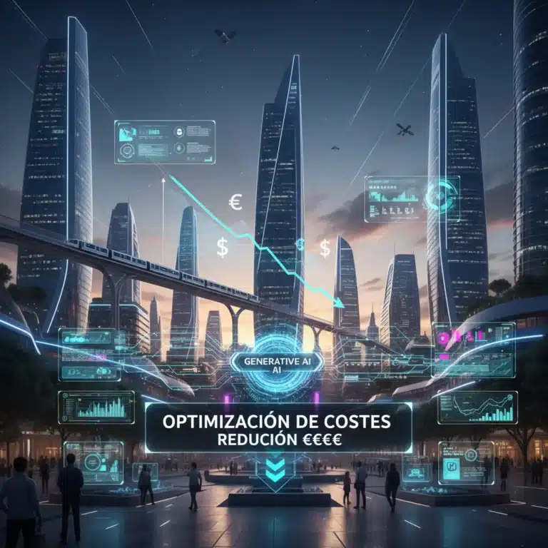 Paisaje urbano español futurista con elementos de IA generativa optimizando costes empresariales.