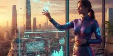 Gestión de proyectos con inteligencia artificial en España, interfaz holográfica mostrando datos y algoritmos.