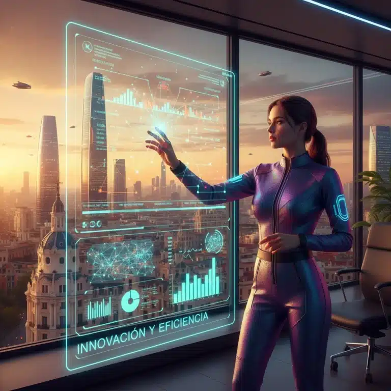Gestión de proyectos con inteligencia artificial en España, interfaz holográfica mostrando datos y algoritmos.