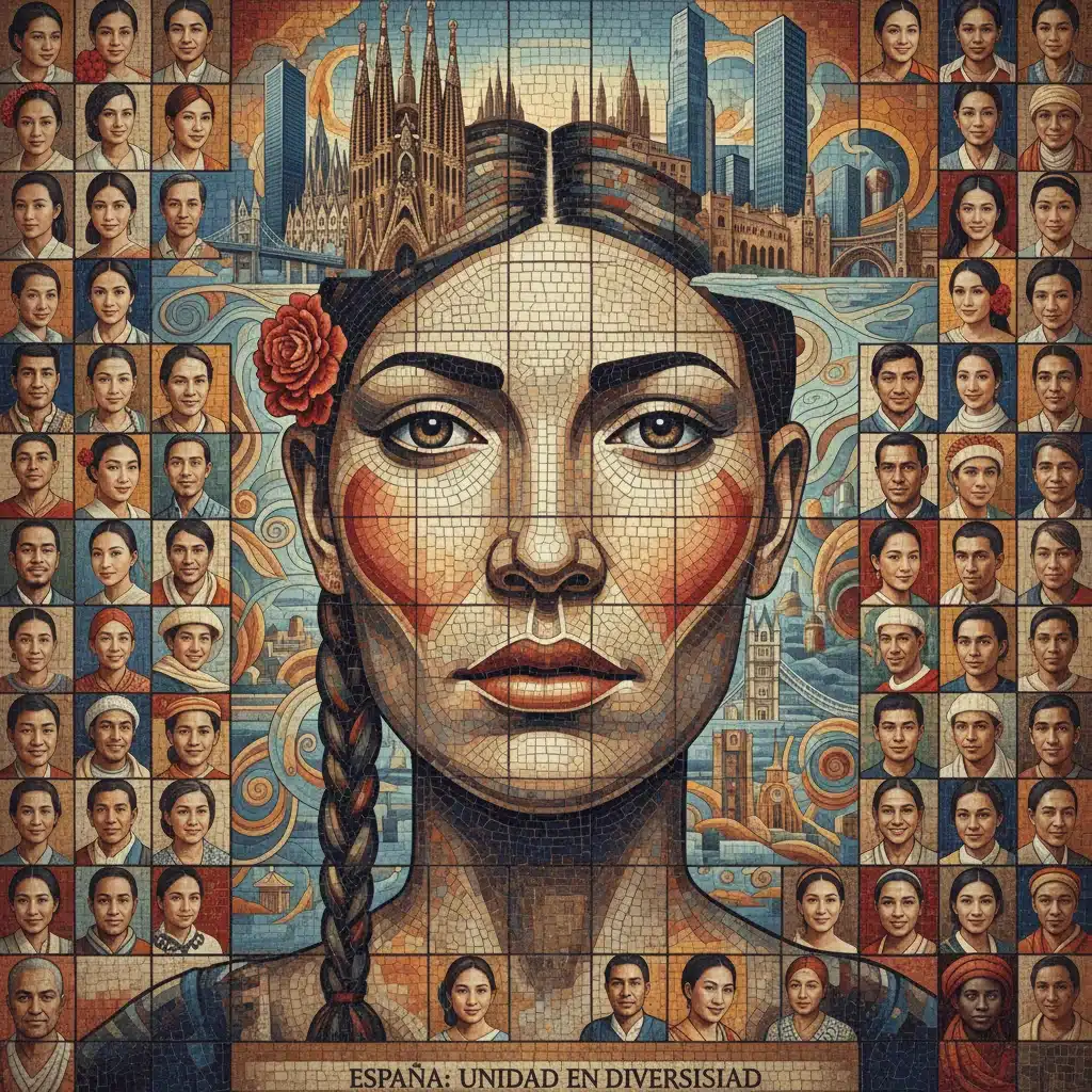 Mosaico de rostros que simbolizan la diversidad y unidad de la identidad española global.