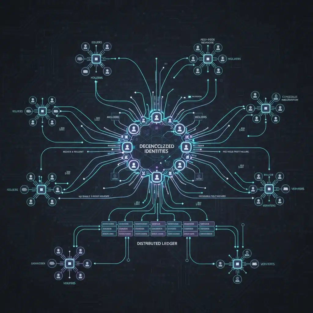 Diagrama de red blockchain mostrando la infraestructura subyacente de la identidad digital descentralizada.