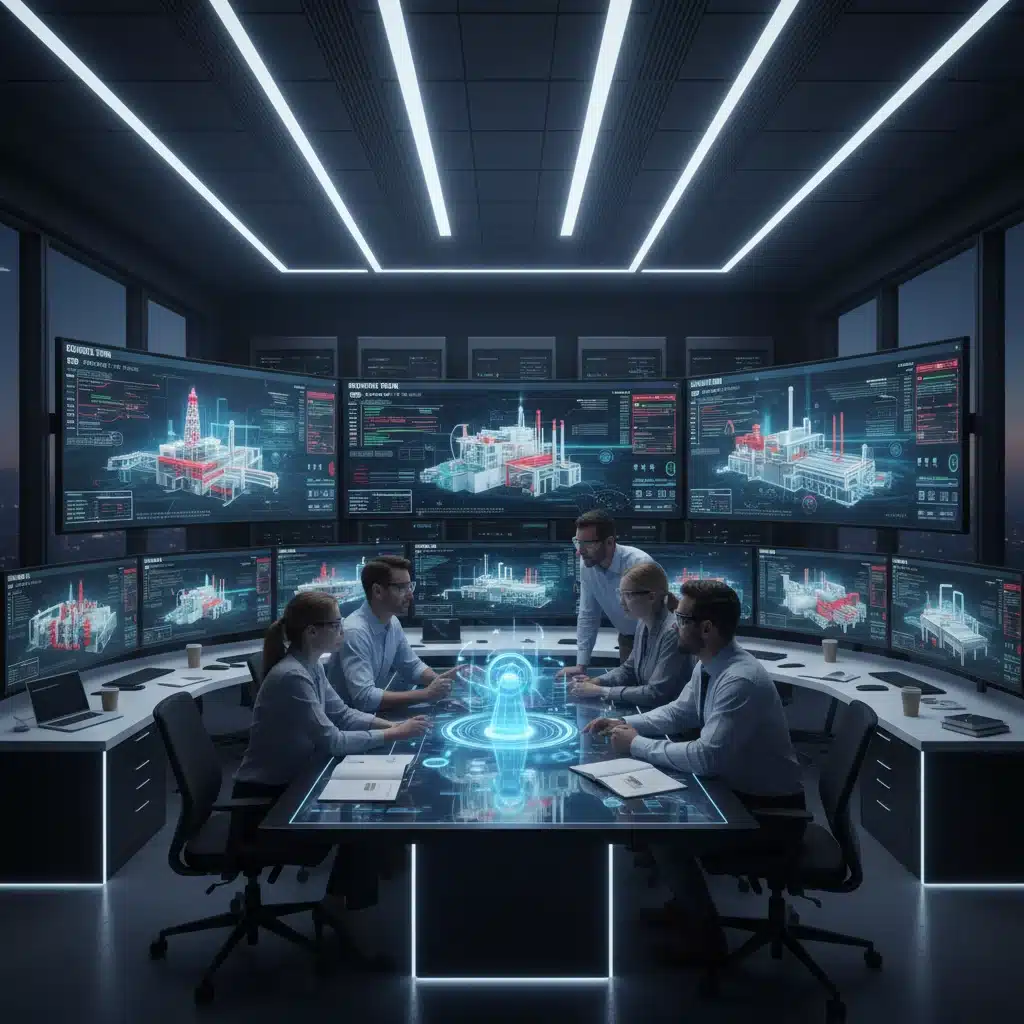 Ingenieros colaborando en sala de control con modelos 3D de gemelos digitales para mantenimiento