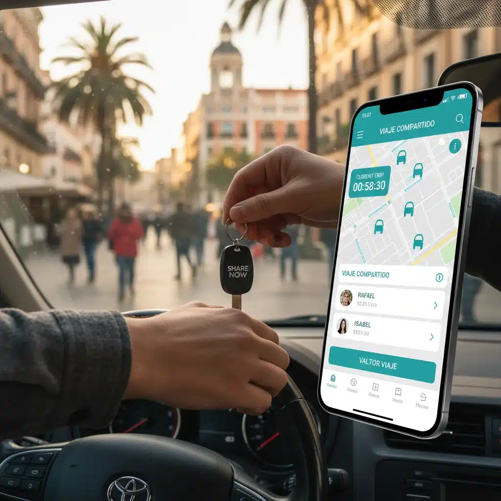 Intercambio de llaves de coche compartido a través de una aplicación móvil en España.