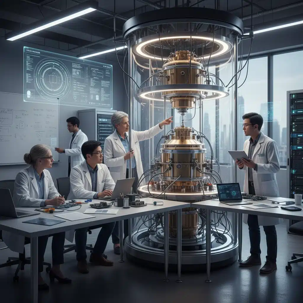 Científicos y ingenieros colaborando en un laboratorio de computación cuántica, mostrando investigación y desarrollo tecnológico.