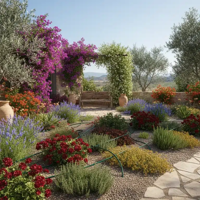 Jardín vibrante y sostenible con plantas de bajo mantenimiento en España