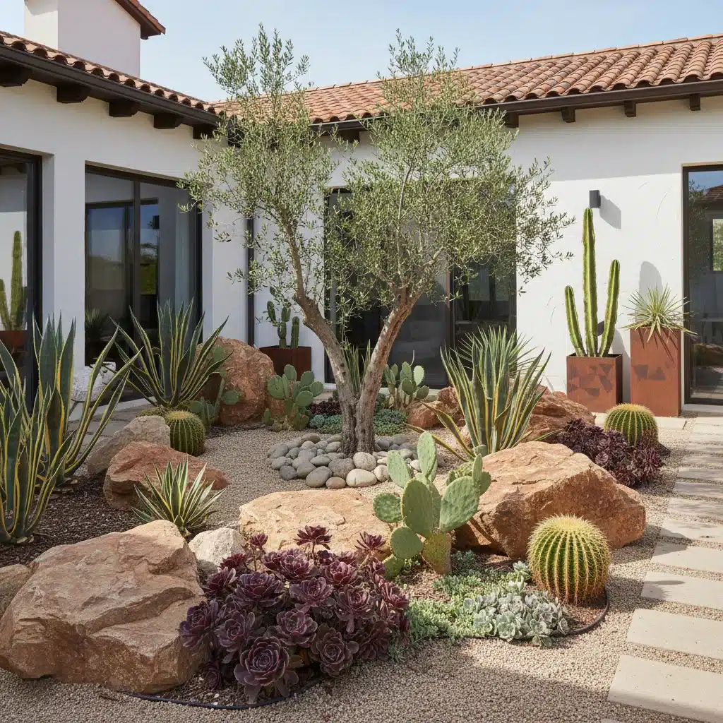 Jardín xeriscape con suculentas y cactus, diseño eficiente en agua