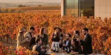 Jóvenes disfrutando de una cata de vino en un viñedo español al atardecer, simbolizando la evolución de la cultura del vino.
