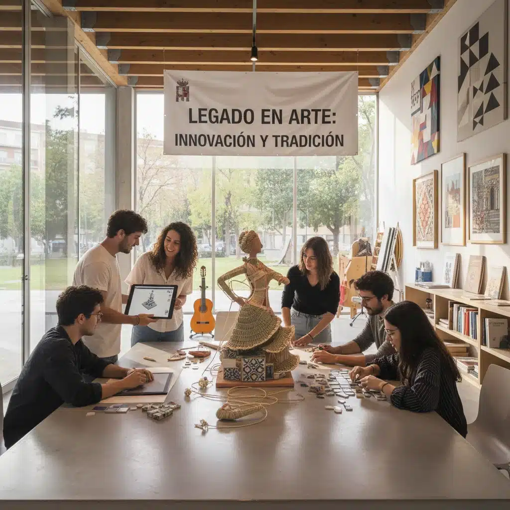Jóvenes colaborando en un proyecto de artesanía española en un centro cultural moderno.