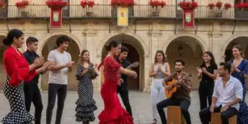 Jóvenes españoles participando activamente en una actividad cultural tradicional con entusiasmo.