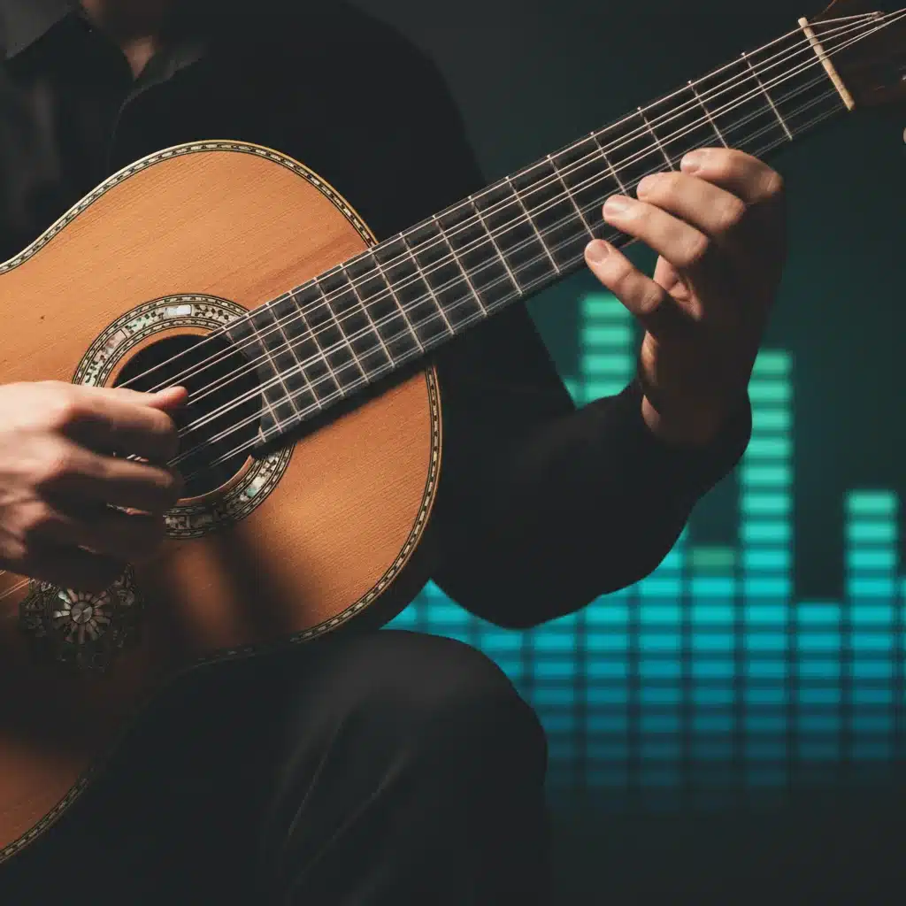 Mano de músico tocando un laúd español con detalles intrincados, simbolizando la fusión de lo tradicional y lo electrónico.