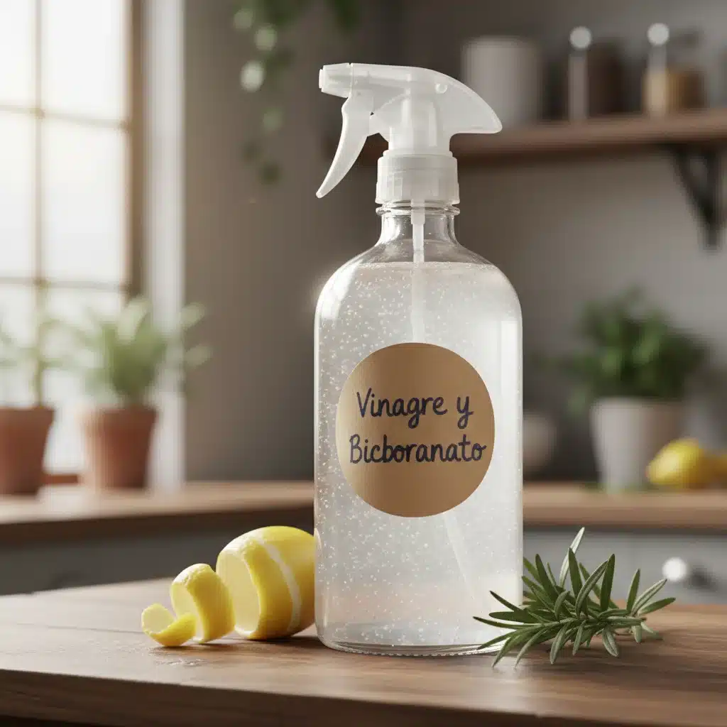 Botella pulverizadora de cristal con limpiador casero de vinagre y bicarbonato, con ingredientes naturales.