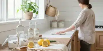 Mujer limpiando una cocina luminosa con productos ecológicos, transmitiendo frescura y salud.