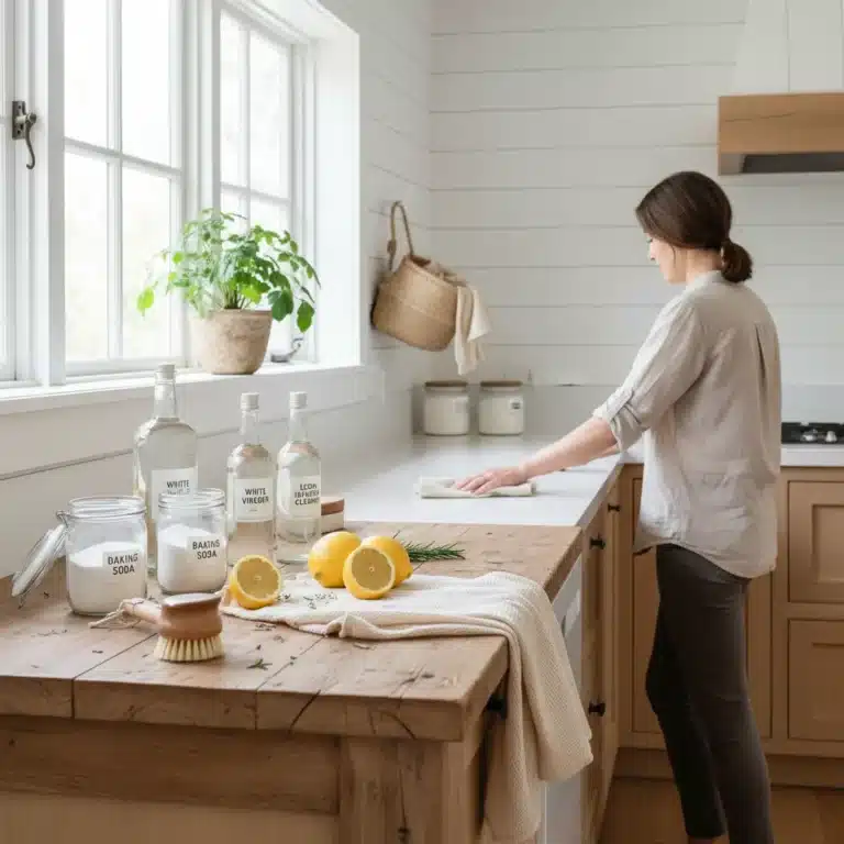 Mujer limpiando una cocina luminosa con productos ecológicos, transmitiendo frescura y salud.