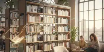 Estanterías llenas de libros, simbolizando la riqueza de la literatura española contemporánea y el surgimiento de nuevos talentos.