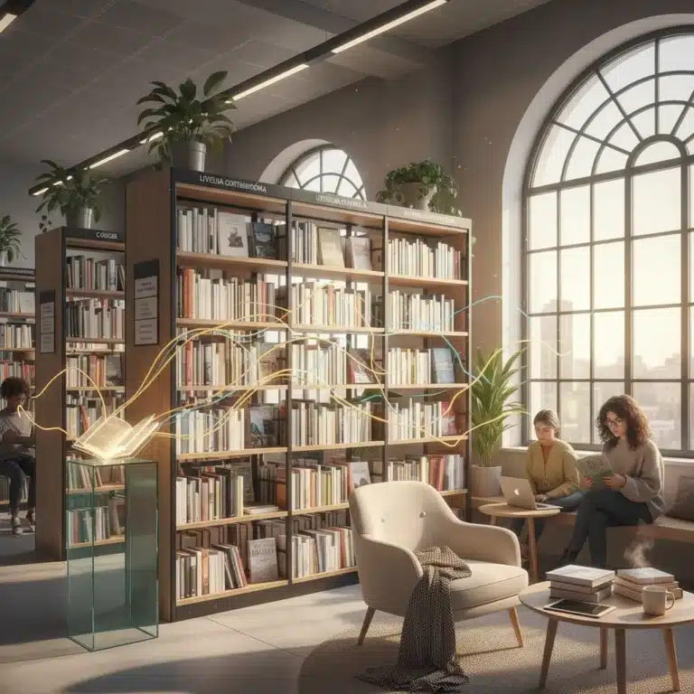 Estanterías llenas de libros, simbolizando la riqueza de la literatura española contemporánea y el surgimiento de nuevos talentos.