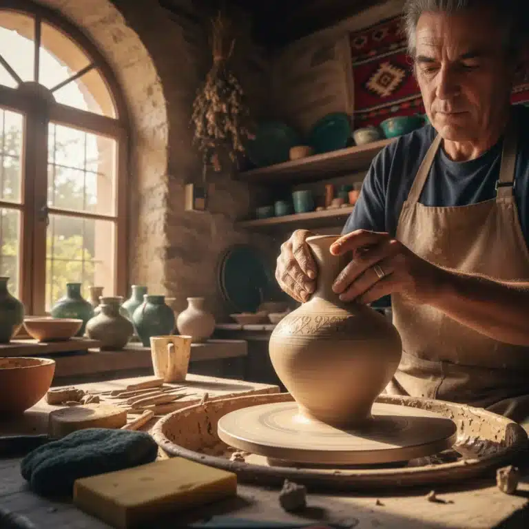 Manos de artesano español trabajando cerámica tradicional con detalle y precisión