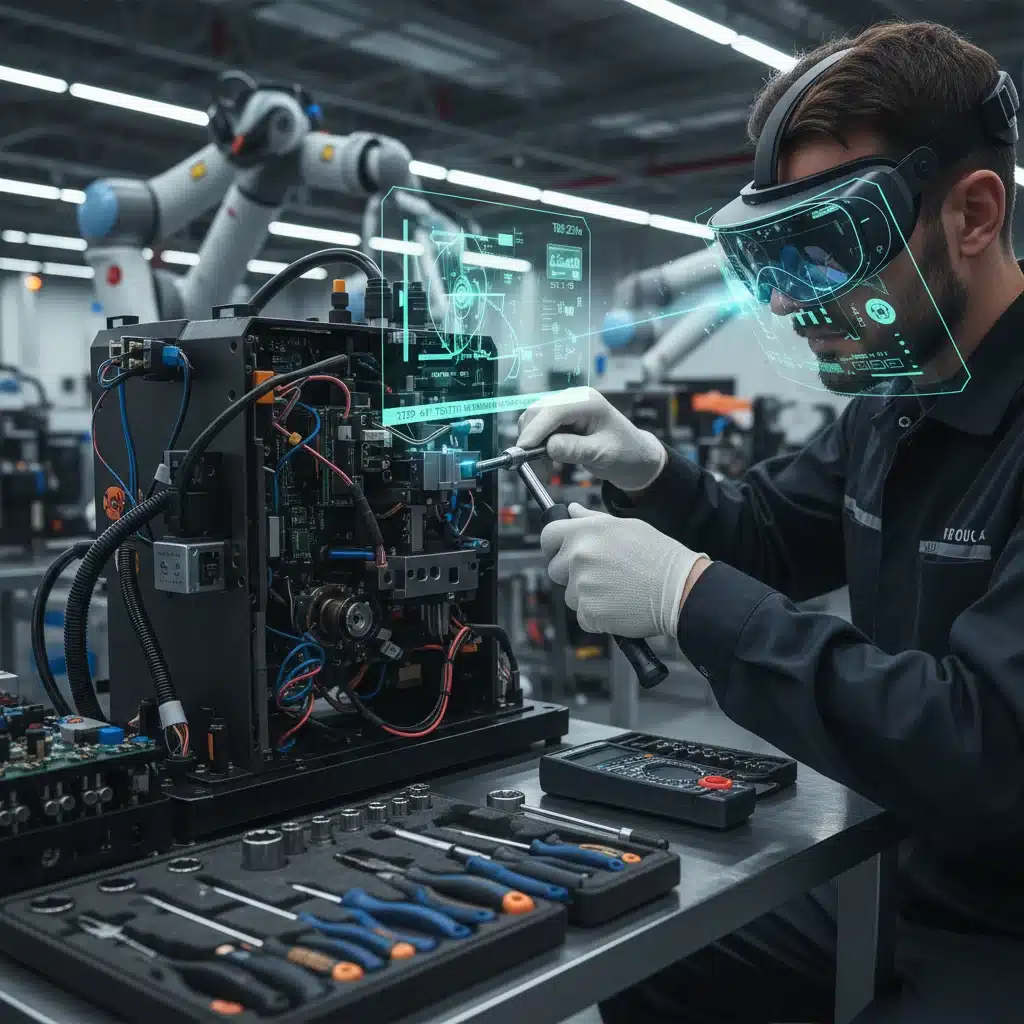 Técnico realizando mantenimiento asistido por realidad aumentada en maquinaria industrial
