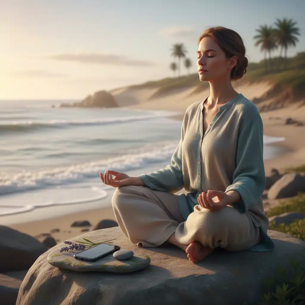 Persona meditando en la naturaleza, con un smartphone a un lado, simbolizando el bienestar digital.