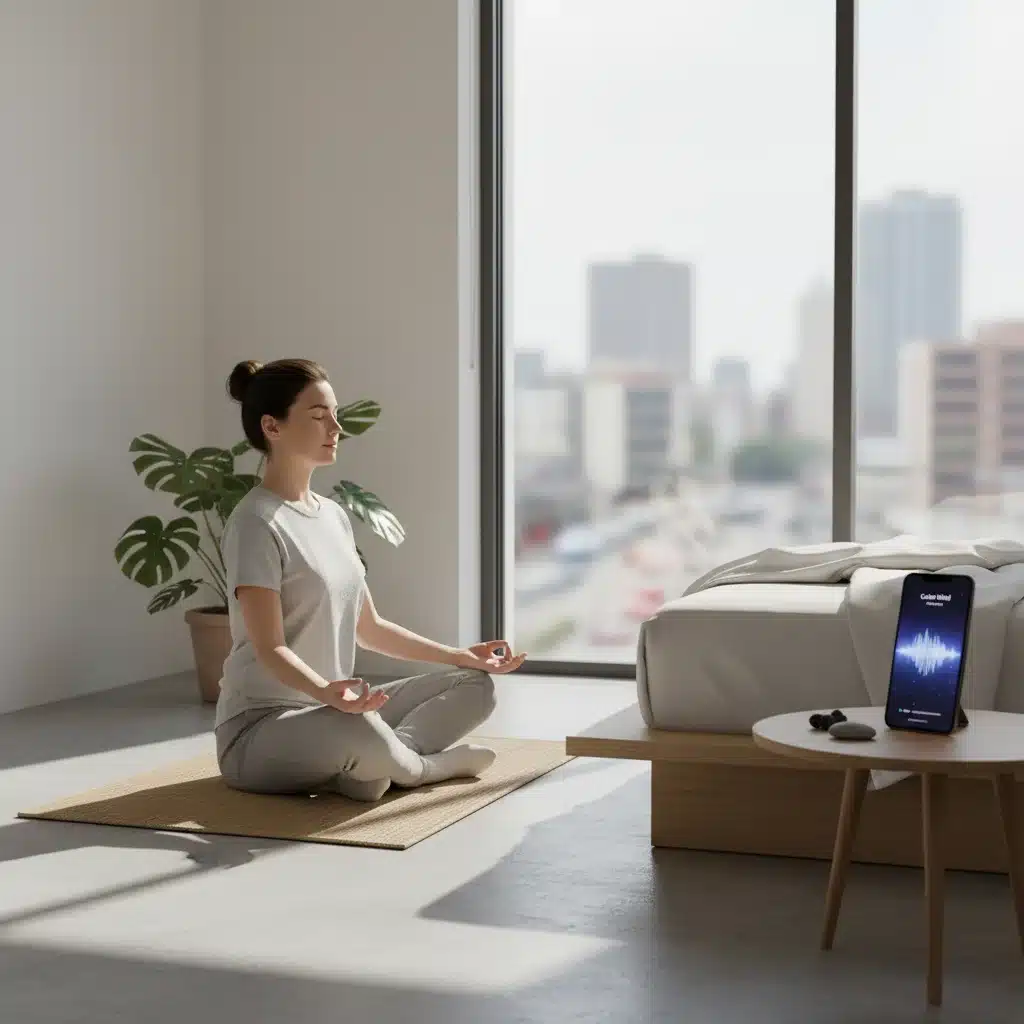 Persona meditando serenamente en un entorno moderno y tranquilo.