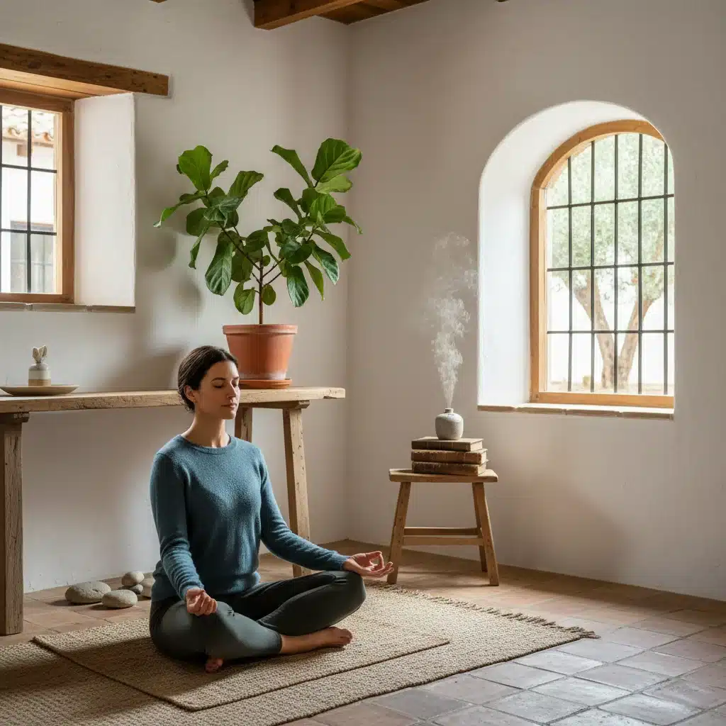 Persona meditando serenamente en un rincón tranquilo de su hogar español.