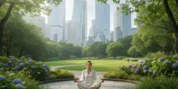 Conexión Natural Urbana: 6 Ideas para tu Rutina Semanal 2026 Persona meditando en un parque urbano, conectando con la naturaleza en la ciudad.