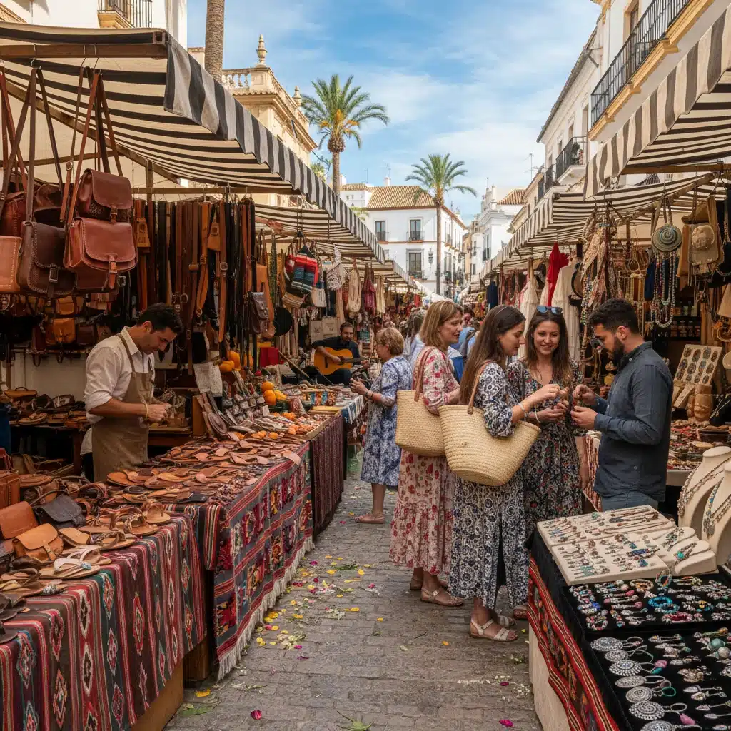 Mercado artesanal vibrante en España con productos variados y clientes interactuando