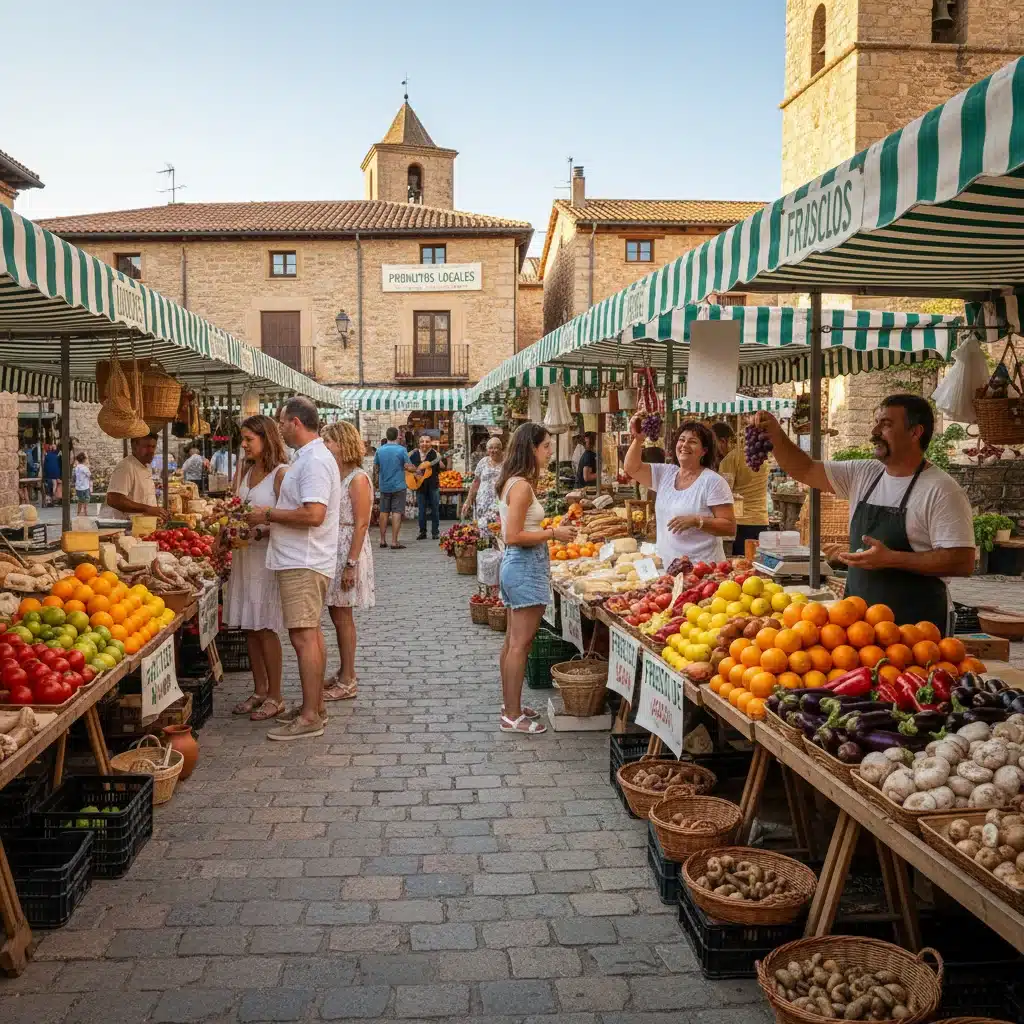 Mercado local español vibrante con productos frescos y de temporada, reflejando la importancia de la proximidad en la gastronomía.