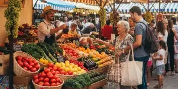 Productos de Proximidad: El Futuro del Consumo en España para 2026 Puesto de mercado vibrante con frutas y verduras frescas de proximidad en España