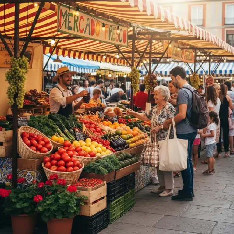 Puesto de mercado vibrante con frutas y verduras frescas de proximidad en España