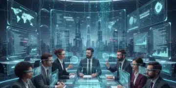Profesionales colaborando en un entorno de metaverso empresarial futurista en España