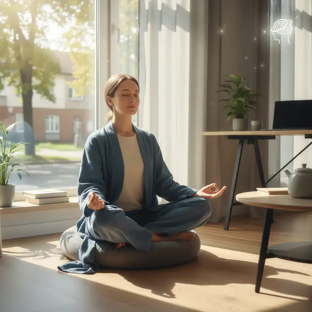 Persona meditando en casa, buscando claridad mental y reduciendo el estrés en el teletrabajo.