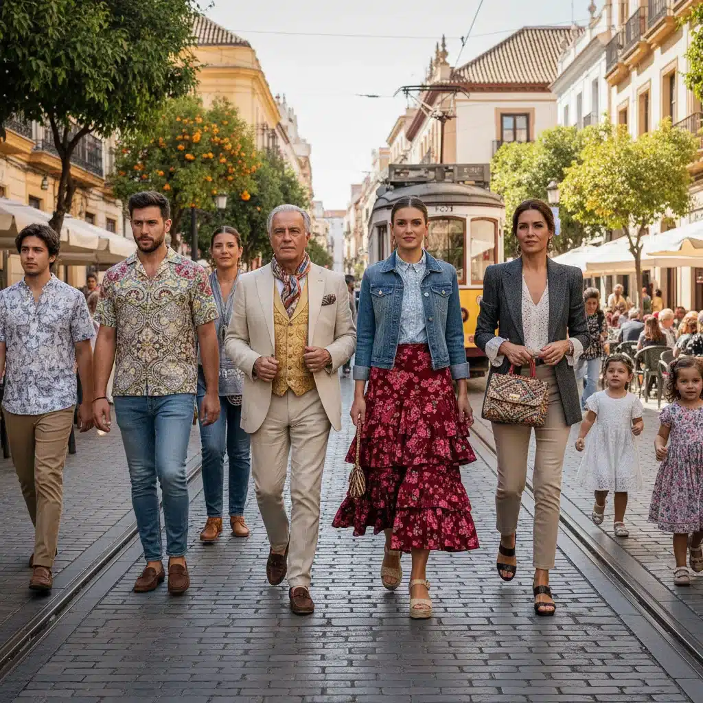 Gente en ciudad española luciendo moda contemporánea con sutiles toques de vestuario tradicional.