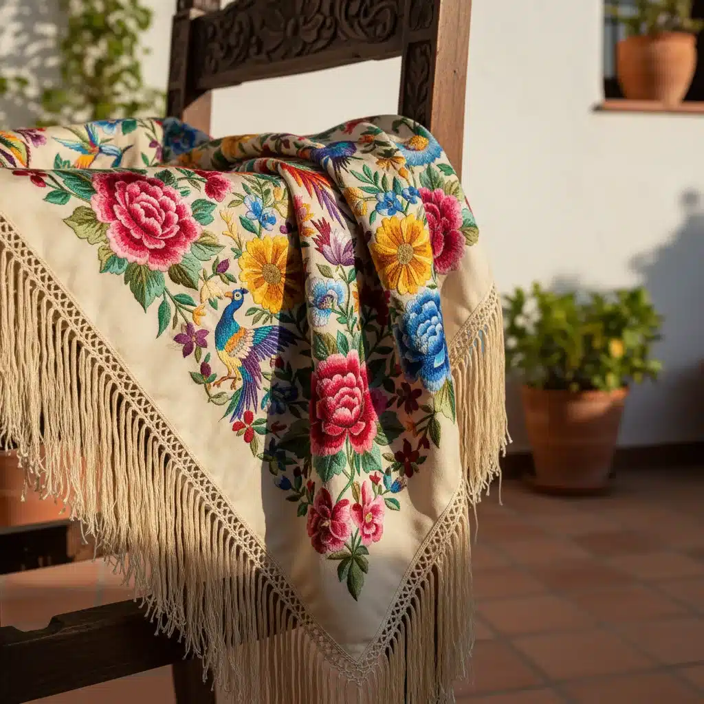Detalle de mantón de Manila bordado con motivos florales y aves, sobre una silla de madera en un patio español.
