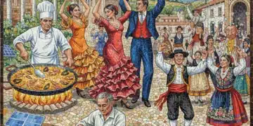 Mosaico vibrante de elementos del patrimonio inmaterial español, simbolizando su riqueza y diversidad cultural.