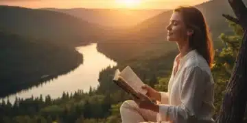 Mujer meditando en la naturaleza, simbolizando la reconexión tras una desintoxicación digital.