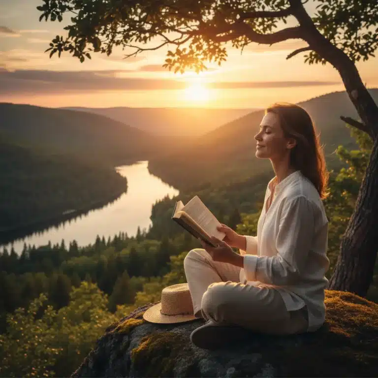 Mujer meditando en la naturaleza, simbolizando la reconexión tras una desintoxicación digital.