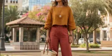 Moda Sostenible España 2026: Marcas Pioneras y Tendencias Mujer joven con ropa de moda sostenible fabricada en España, paseando por un parque urbano soleado, simbolizando el futuro de la moda consciente.