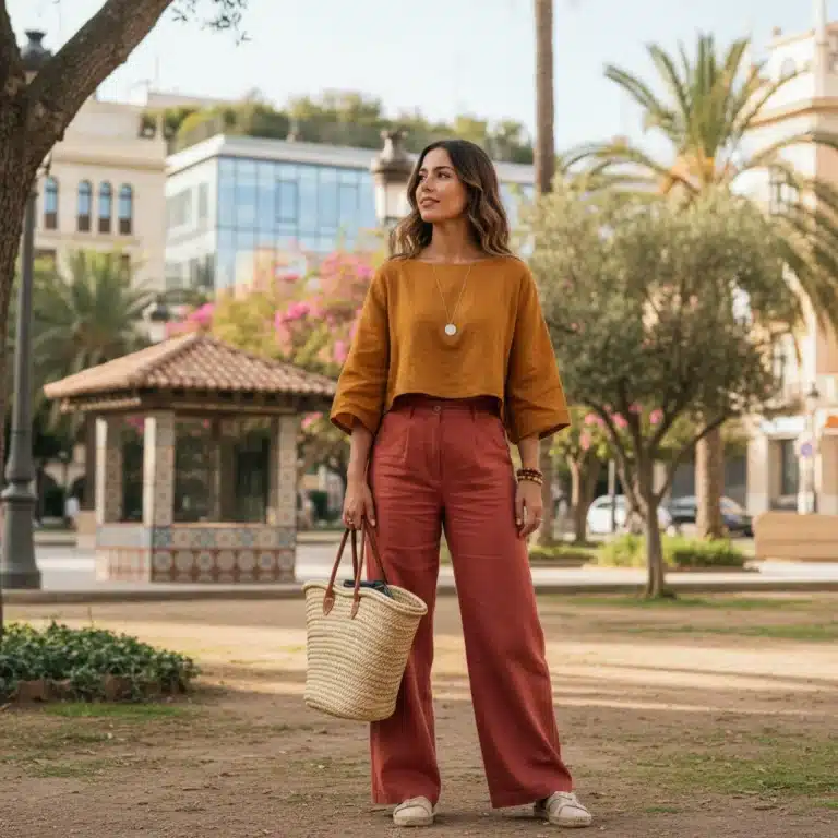 Mujer joven con ropa de moda sostenible fabricada en España, paseando por un parque urbano soleado, simbolizando el futuro de la moda consciente.