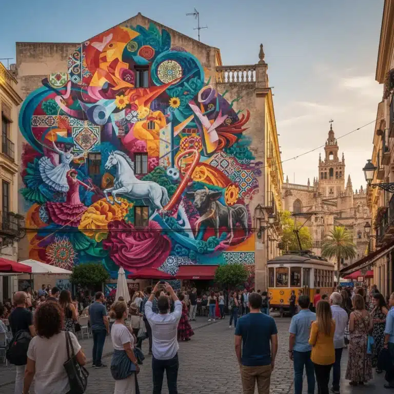 Mural vibrante de arte urbano en una fachada de edificio en España, fusionando elementos tradicionales y modernos en 2026.