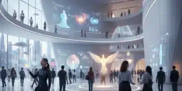 Interior de museo futurista con visitantes interactuando con pantallas holográficas y elementos de realidad aumentada, reflejando la innovación tecnológica en museos.