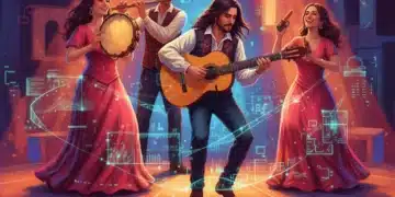 Músicos interpretando música folclórica española con instrumentos tradicionales y toques modernos en un escenario vibrante.