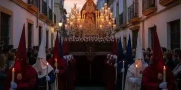 Nazarenos en procesión durante la Semana Santa en Sevilla al anochecer, con un paso iluminado.