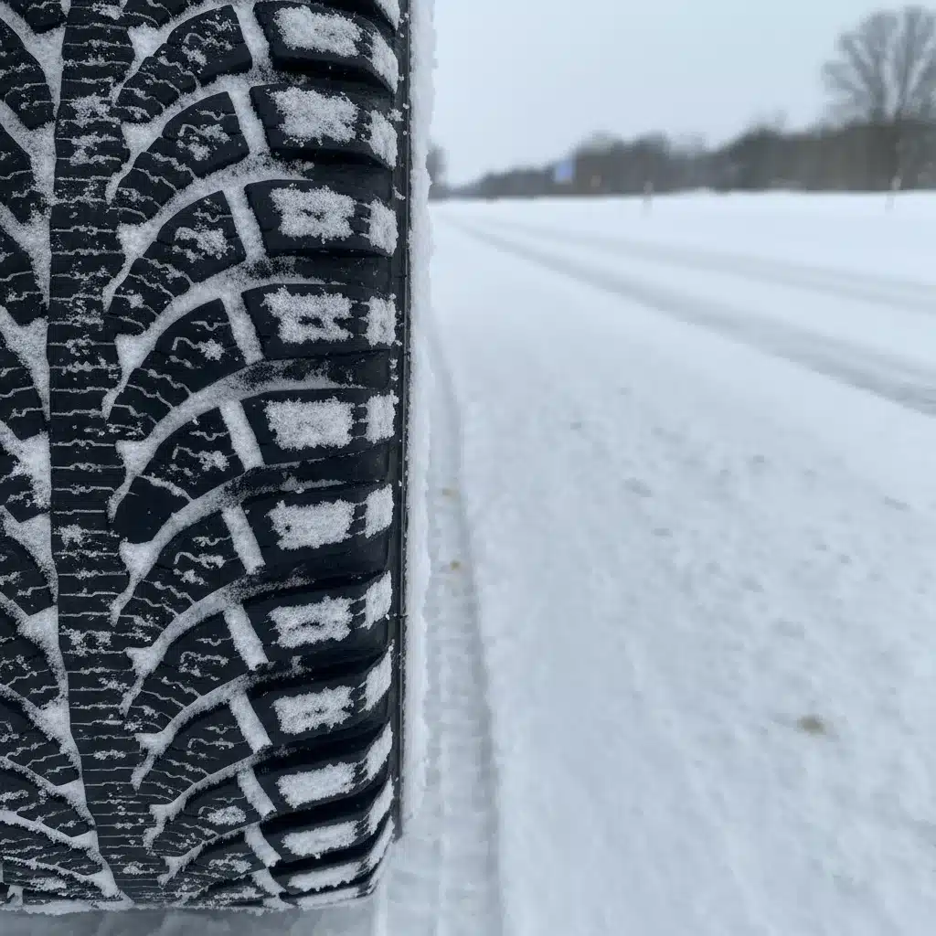 Primer plano de un neumático de invierno con dibujo profundo sobre nieve, mostrando agarre.