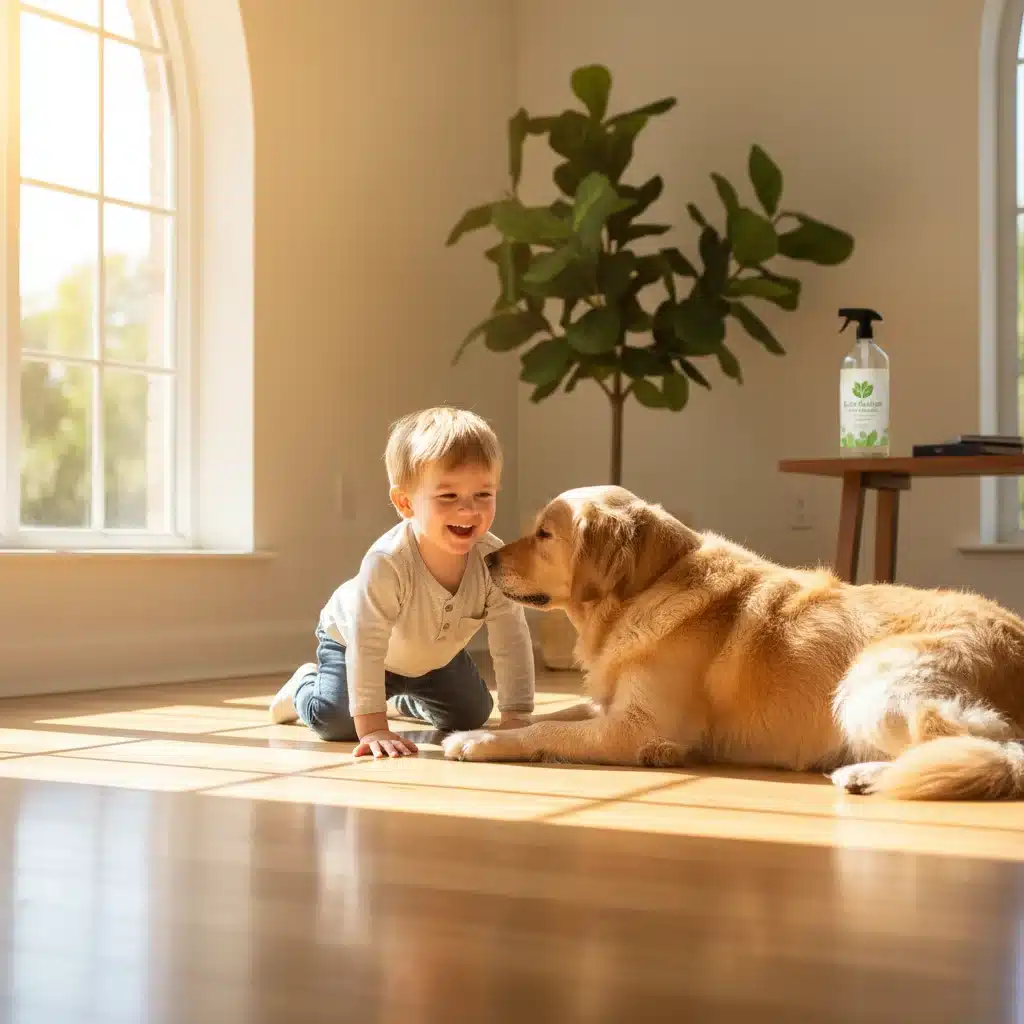 Niño jugando en un suelo limpio y brillante, evidenciando un hogar seguro sin químicos.