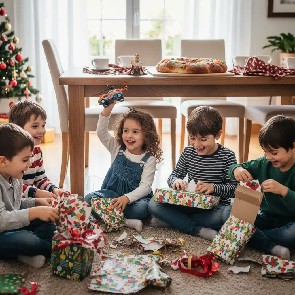 Niños abriendo regalos emocionados el Día de Reyes, con el Roscón de Reyes en la mesa, simbolizando la alegría de la tradición.