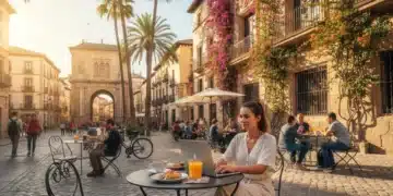 Nómada digital trabajando en un café soleado en España con arquitectura histórica de fondo.