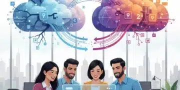 Representación visual de la nube híbrida conectando entornos públicos y privados, con profesionales de PYMES observando datos y proyecciones de ahorro.